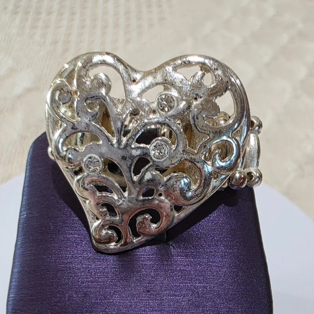 Vintage Silver Filigree Rhinestone Accent HEART Adjustable Fashion Ring SZ 9.5+